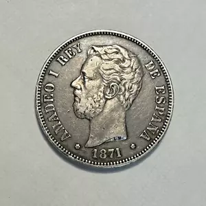 1871 Spain 5 Pesetas Silver Coin - 24.5 grams Silver - .900 - KM#666 - Picture 1 of 11