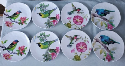 Michel Design Works Set of 8 Melamine Salad Plate Colorful Bird Floral Excellent - Image 1 of 4