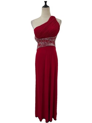 Betsy & Adam Red Gown One Shoulder Beaded Backless Formal Gala Event Party Sz 4 - Image 1 of 4