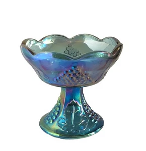 Portacandele vintage Indiana blu iridescente carnevale vetro raccolta uva bastone - Foto 1 di 6