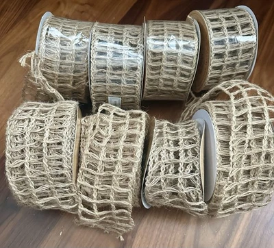 8 Rolls Lot Christmas Ribbon BURLAP Weave WINDOW PANE Natural WIRED 2.5" X 30ft - Image 1 of 4