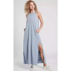 Athleta Maxi Abito Donna Blu Medio Pintuck Halter Stile Pullover Spacco Laterale - Foto 1 di 11