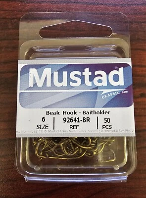 50 MUSTAD 92641-BR SIZE 6 Beak Hook Baitholder Forged Offset Down Eye Bronze - Image 1 of 2