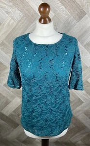 Laura Ashley Green Sequin Sparkle Floral Lace Overlay Evening Top Blouse Size 12 - Picture 1 of 23