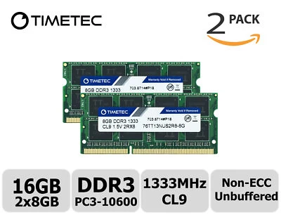 Timetec 2x8GB DDR3 1333MHz PC3-10600 Non-ECC 1.35V 2Rx8 SODIMM Laptop Memory RAM - Image 1 of 4