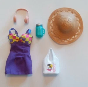 Barbie Doll Beach Wear accessories lot Roxy purse bag sun hat purple dress - Picture 1 of 9