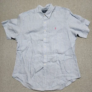 Camicia Ralph Lauren XL 100% lino a righe blu con bottoni manica corta rosa pony - Foto 1 di 9