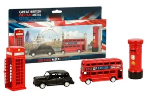 London 4 pc Die Cast Metal Souvenir Set Bus Phone Box Taxi Cab Post Box New - Picture 1 of 7