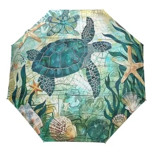 Vintage Ocean Turtle Umbrella Automatic Open Close Sea Starfish World Map Ant... - Picture 1 of 5