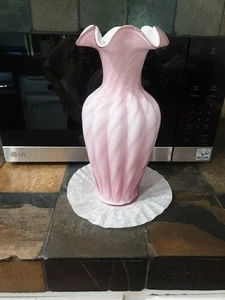 Vintage Pink White Fenton Milk Glass Swirl Tall Vase Ruffle 11 3/8 Inch - Picture 1 of 23