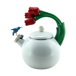 1995 Via Hummingbird Whistling Tea Kettle Teapot White Enamelware Red Tulips - Picture 1 of 12