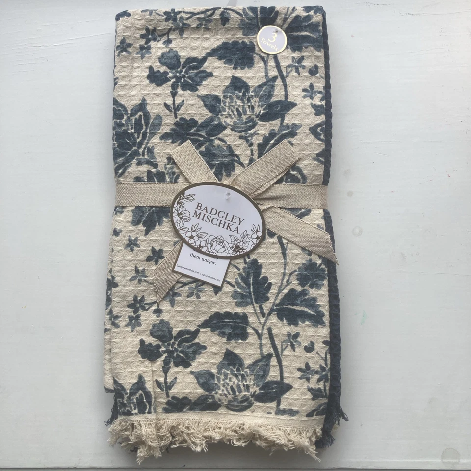 BADGLEY MISCHKA KITCHEN TOWELS (3) BLUE WAFFLE CREAM 100% COTTON NWT