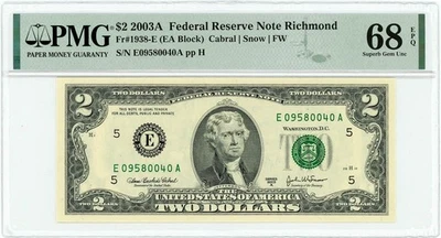 FR.1938-E $2 2003A FRN Richmond Superb Gem Unc 68 EPQ PMG 950222-38 - Image 1 of 3