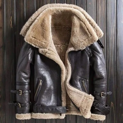 N43 Men RAF Aviator Real Leather Double Collar Jacket Coat Bomber Sheepskin - Image 1 of 4