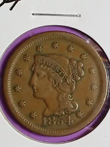 1854-P BRAIDED HAIR LARGE CENT. XF CONDITION. ORIGINAL. - Picture 1 of 2