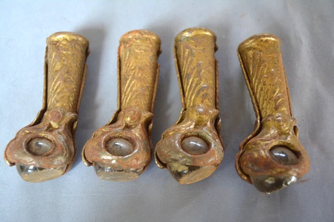 FINE SET 4 ANTIQUE 19TH C BRASS GLASS CLAW FOOT FEET FOR PARLOR TABLE LEGS (X5) Cover