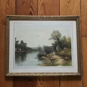 Vintage Levis Signed Country Cottage Near Stream w Bridge Print in Gilt Painted - Picture 1 of 8