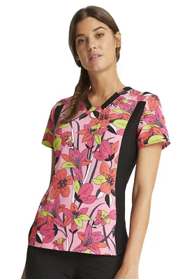 Retro Blooms Cherokee Scrubs iFlex V Neck Knit Panel Top CK641 RTBM - Image 1 of 4