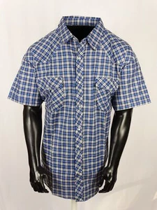 Men Plaid Western Pockets Short Sleeve Shirt Blue White Snap Up 3X, 4X, 5X - Picture 1 of 4