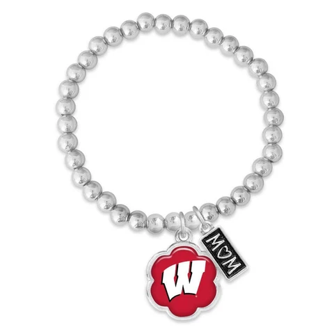 Wisconsin Badgers Mom Hazel Red Silver Beaded Stretch Bracelet Jewelry UW Gift Cover