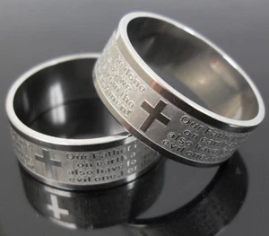 6pcs ETCH English LORD'S PRAYER Stainless Steel Ring MEN Jesus Cross Jewelry