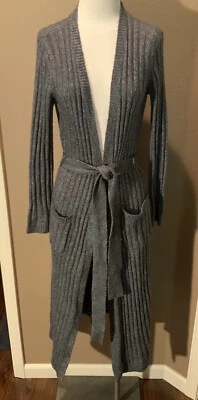 Shimera S Gray Cotton Blend Ribbed Belted Cardigan Sweater Duster W Pockets - Image 1 of 4