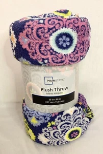 NEW Mainstays Blue Pink Yellow Plush Throw Quilt Blanket Home Decor 50” X 60” - Picture 1 of 4