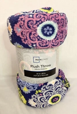 NEW Mainstays Blue Pink Yellow Plush Throw Quilt Blanket Home Decor 50” X 60” - Image 1 of 4