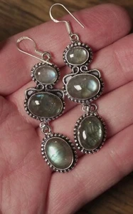 Artisan Blue Flash Labradorite Dangle Drop 3" Silver Earrings - Picture 1 of 5