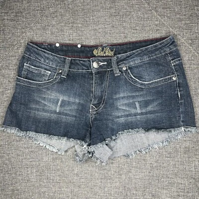 Pantalones Cortos de Jean Rojo Remache Talla 7 Denim Corte Deshilachado Dobladillo Crudo Bolsillos Puntada Gruesa Foto 1 de 4