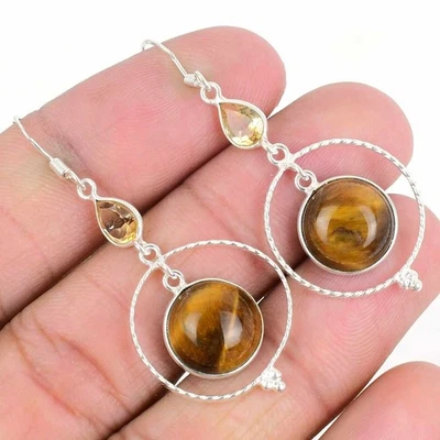 Natural Tiger Eye & citrine 925 Sterling Silver Drop Dangle Anniversary Earrings - Image 1 of 4