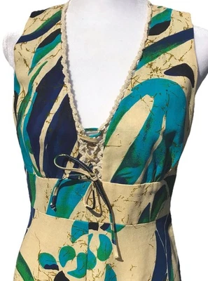 Vtg 70s Malama Hawaii Boho Lace Up Empire Hawaiian Floral Maxi Dress Hippie M - Image 1 of 4