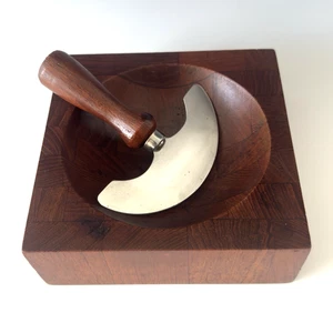 MCM Ernest Sohn Siamese Teak Hackschale mit Schaukelhacker Messer Danish Mod - Bild 1 von 14