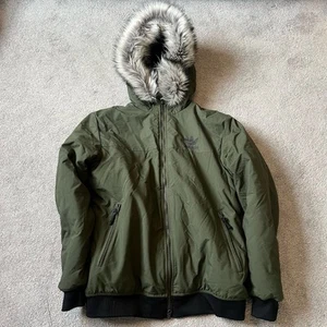 Adidas Mens Jacket Medium Green Parka Originals Trefoil Superstar Fur Hood Coat - Picture 1 of 16