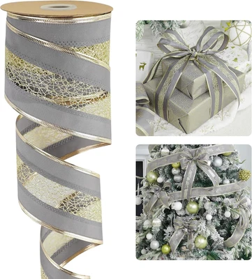 Grey Wired Christmas Ribbon with Glitter Gold Mesh Stripe - 2.5 Inch, 10 Yards f - Image 1 of 4