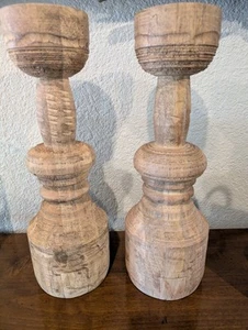 POTTERY BARN Set of 2 Ava Natural Wood Pillar Candleholders - NWT - Picture 1 of 4