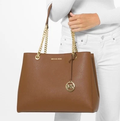 Michael Kors Tan Brown Leather Saffiano Purse Handbag Goldtone Chain Women's MK - Image 1 of 4