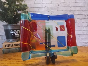 Art Glass Tray  Aqua Green, Blue, Red Gold / Yellow Lines - Picture 1 of 5