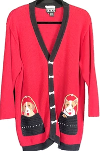 BEREK 2 Red Knitted Cotton Sweater 2 Dogs 5 Plastic Bone Buttons SZ M 2 Pockets - Picture 1 of 9