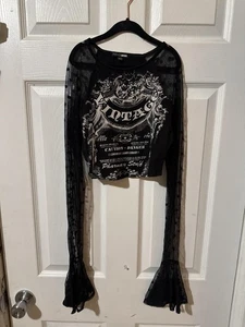 Fashion Nova Shirt Damen klein schwarz Netz Glockenärmel bauchfreies Oberteil Vintage Grafik - Bild 1 von 8