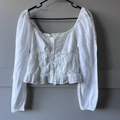American Eagle Shirt Womens XS White Boho Peasant Smocked Lace Ruffle Hem NEW - Image 1 of 4