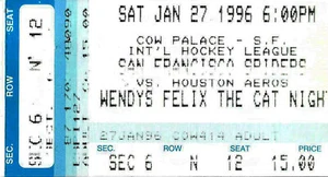 TICKET IHL SAN FRANCISCO SPIDERS HOCKEY HOUSTON AEROS JANUARY 27 1996 COW PALACE - Picture 1 of 1