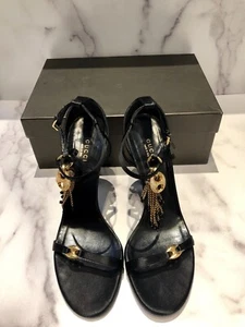 GUCCI by Tom Ford Black Satin Enamel Flower Charm Tassel Sandals Heels - Picture 1 of 9