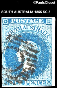 SOUTH AUSTRALIA 1855 SC 3 QUEEN VICTORIA 6p DP BLUE IMPF UNG FANCY CNX 4SID FINE - Picture 1 of 2