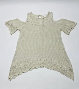 Beige Crochet Knit Cold Shoulder Shirt Size M Shark Bite Hem Boho Beach Coastal - Picture 1 of 12