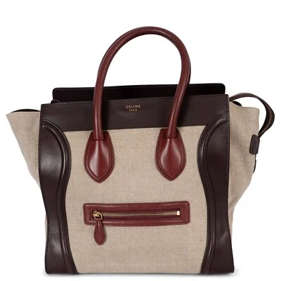 70021 auth CELINE oatmeal brown burgundy canvas & leather MINI LUGGAGE Tote Bag - Image 1 of 4