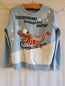 Dashchund Ladies Christmas Jumper Size 12/14 Be You Acrylic Pale Blue & White 