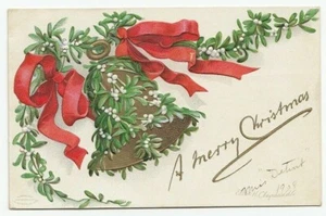 Bell with white berry Mistletoe MERRY CHRISTMAS 1908 CLAPSADDLE signed Postcard - Picture 1 of 2