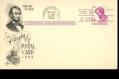 Abraham Lincoln 4c Postal Reply Card Fdc Sc#UX48 Art Craft Cachet 1962 Issue - Image 1 of 2