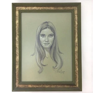 Original Mid Century Young Woman Chalk Pastel Drawing Portrait 1973 Signed - Picture 1 of 10